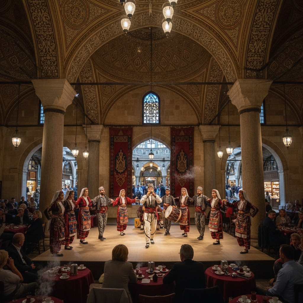 A group of performers in traditional Turkish folk costumes dance on a stage inside a historic, vaulted stone building while guests watch from tables.